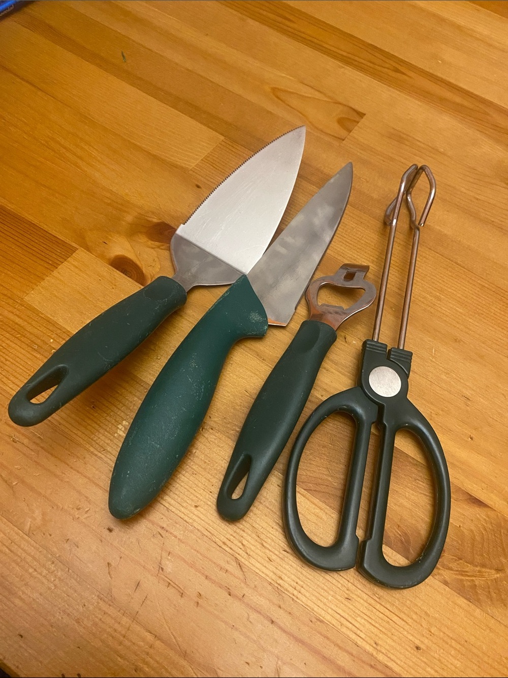 Green Handle Kitchen Tool Set Knife Server Bottle Opener Tongs Stainless Steel